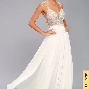 Lulu's True Love White Beaded Rhinestone Maxi Wedding Dress